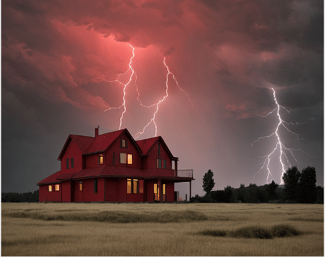 Red farmhouse on a large field with lightning striking in the background