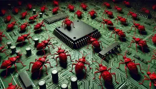 Red beattles crawling over circuitboard