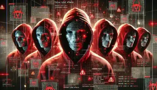 Row of mysterious people wearing masks and red hoods, surrounded by security alerts