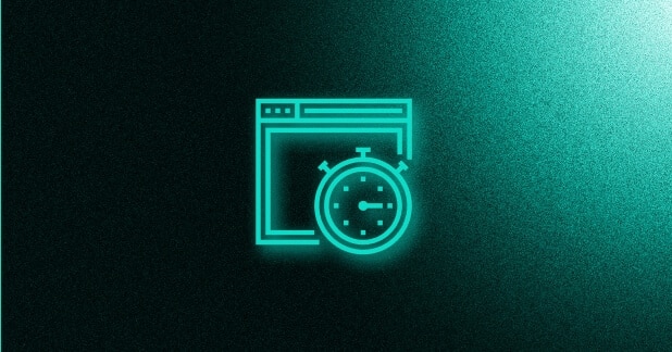 Glowing turquoise icon: Stopwatch in front of browser window