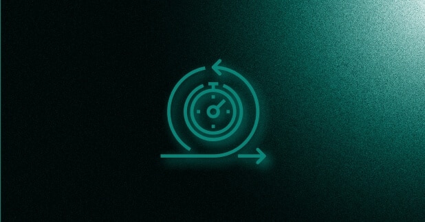 Glowing turquoise icon: Arrows rotating around stopwatch